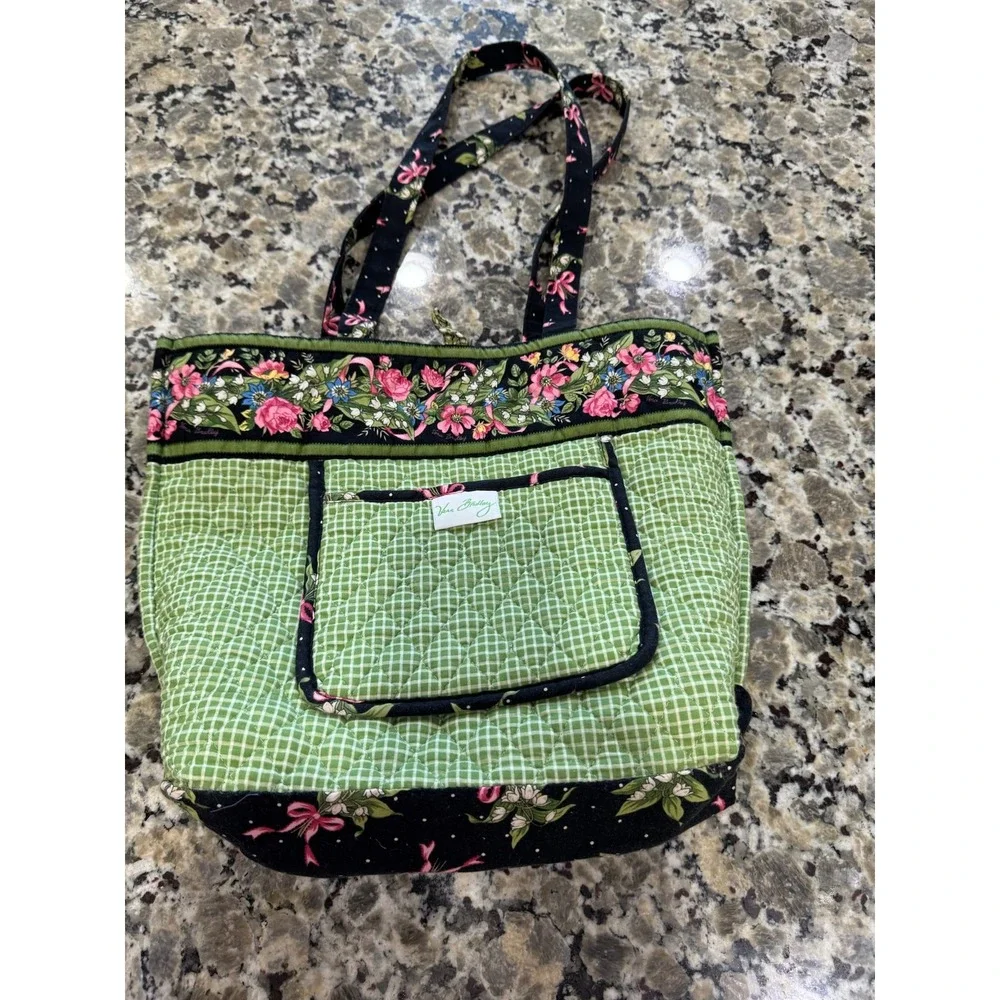 Vera Bradley Mayfair Floral Quilted Cotton Tote Bag Black Pink Green Made in USA